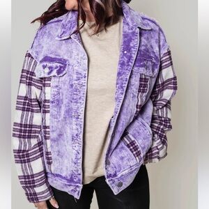 POL Purple Corduroy & Plaid Shacket‎ Button Front Jacket Small